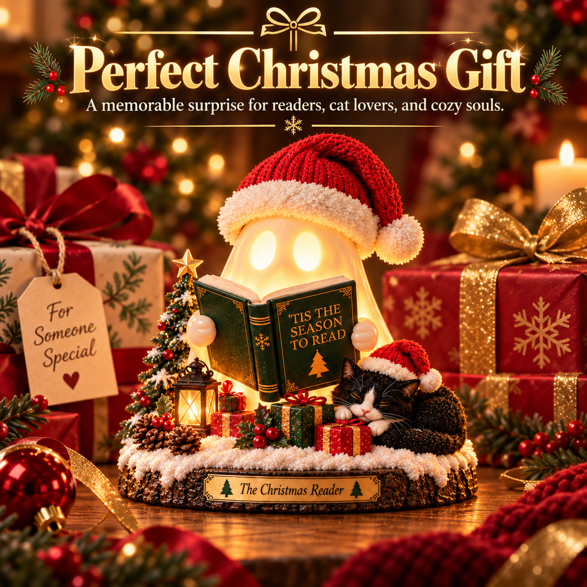 🎄 The Christmas Reader™ – Light-Up Ghost & Cat Reading Figurine