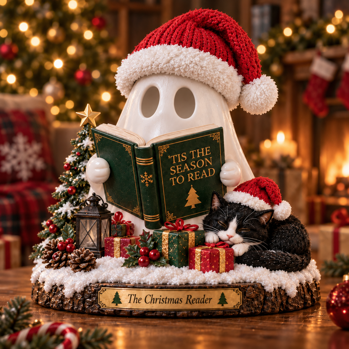 🎄 The Christmas Reader™ – Light-Up Ghost & Cat Reading Figurine
