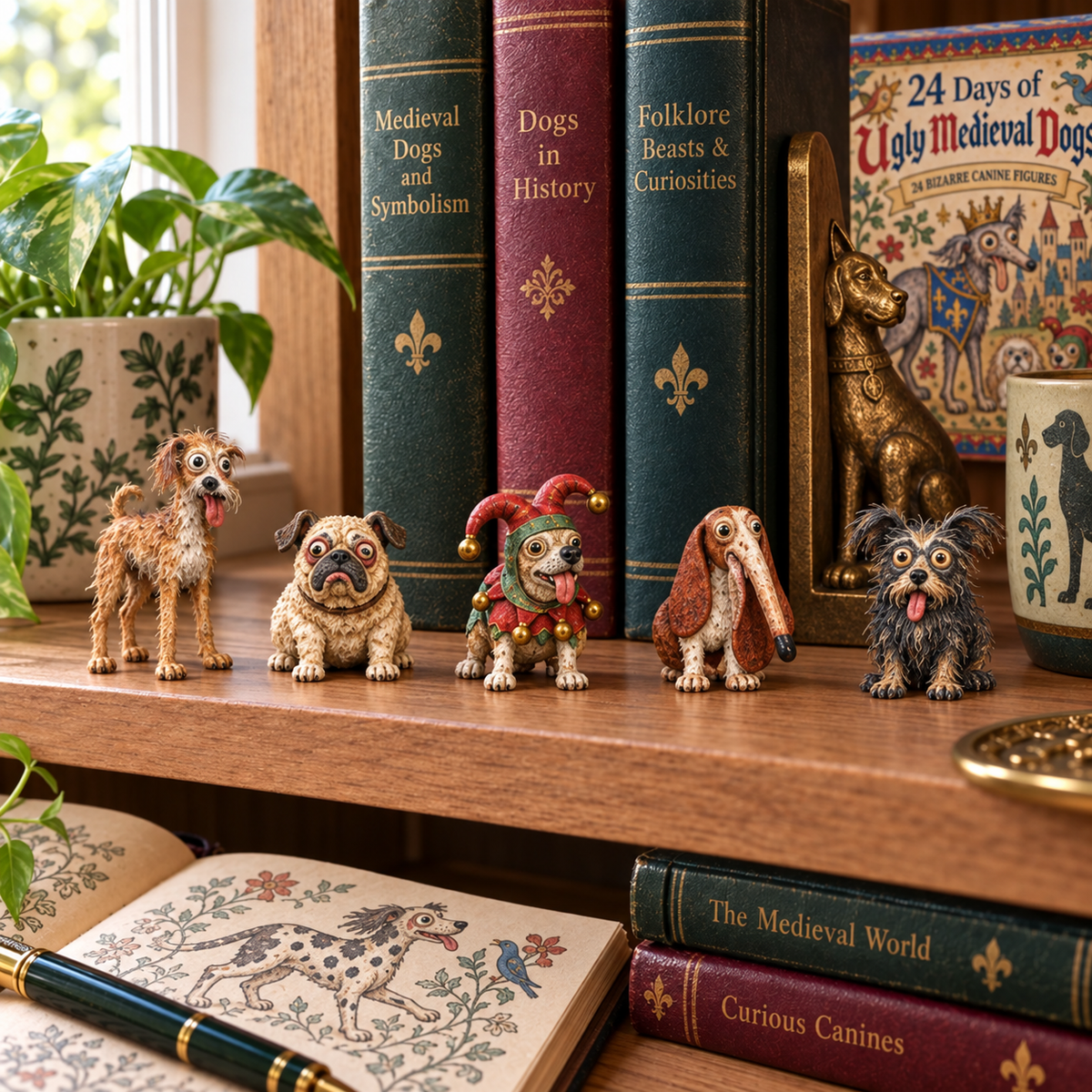 Medieval dog figures displayed on bookshelf
