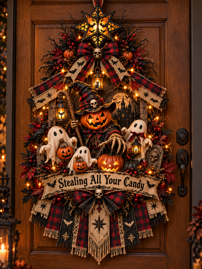 🎃 Stealing All Your Candy™ Halloween Door Wreath – Spooky Pumpkin & Ghost Haunted Entryway Decoration