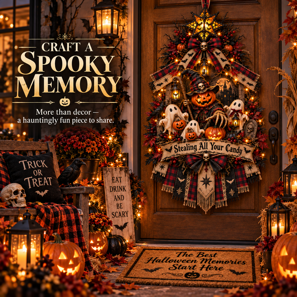 🎃 Stealing All Your Candy™ Halloween Door Wreath – Spooky Pumpkin & Ghost Haunted Entryway Decoration