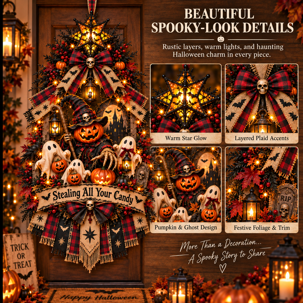 🎃 Stealing All Your Candy™ Halloween Door Wreath – Spooky Pumpkin & Ghost Haunted Entryway Decoration