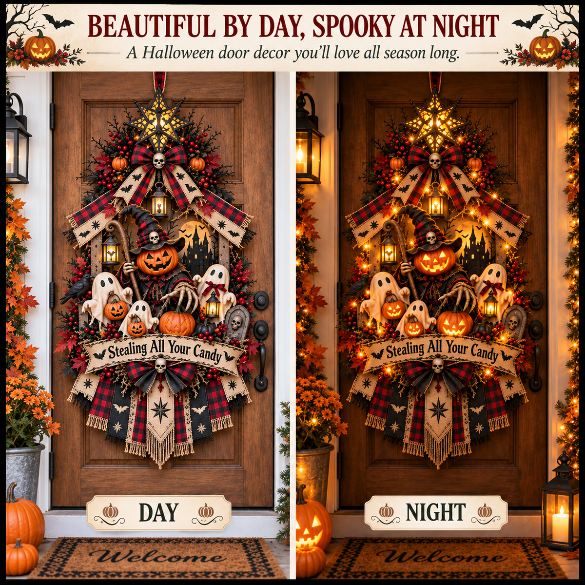 🎃 Stealing All Your Candy™ Halloween Door Wreath – Spooky Pumpkin & Ghost Haunted Entryway Decoration