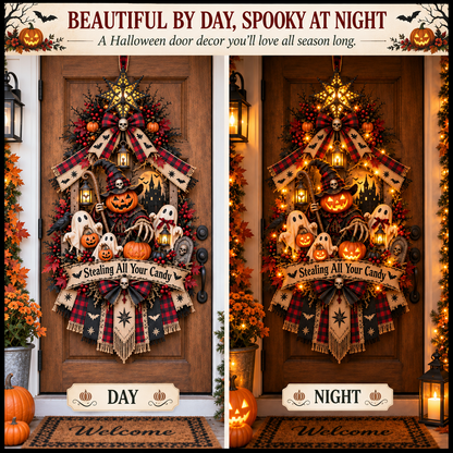 🎃 Stealing All Your Candy™ Halloween Door Wreath – Spooky Pumpkin & Ghost Haunted Entryway Decoration