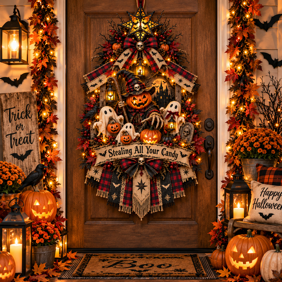 Stealing All Your Candy Halloween door wreath displayed on a front door