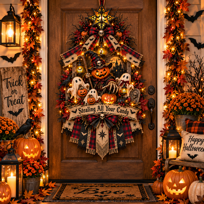🎃 Stealing All Your Candy™ Halloween Door Wreath – Spooky Pumpkin & Ghost Haunted Entryway Decoration