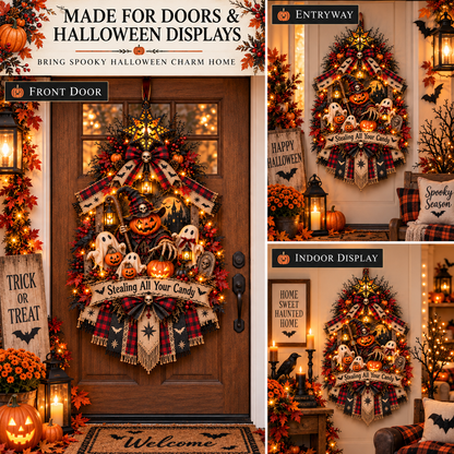 🎃 Stealing All Your Candy™ Halloween Door Wreath – Spooky Pumpkin & Ghost Haunted Entryway Decoration