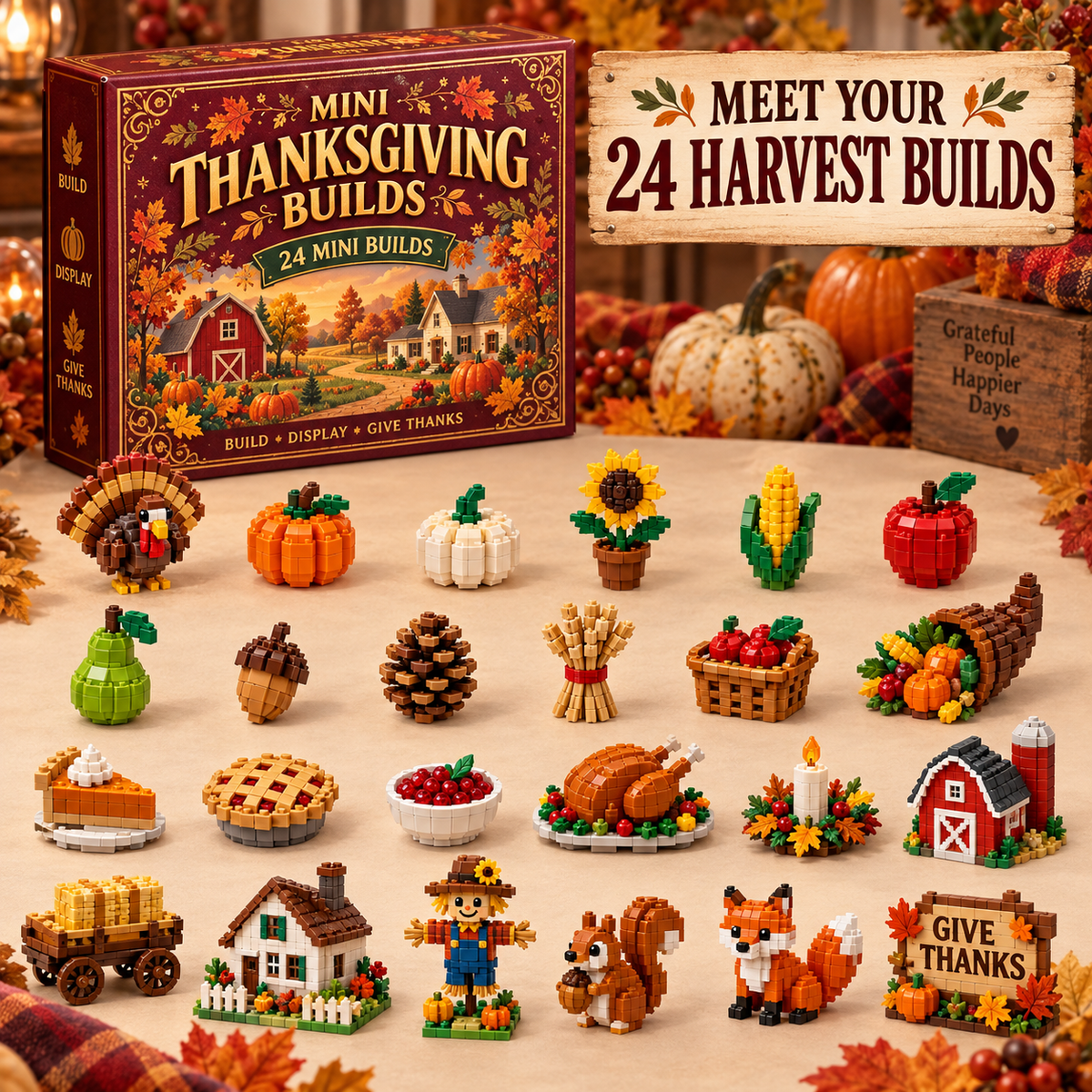 Detailed close-up of miniature brick turkey pumpkin and squirrel models