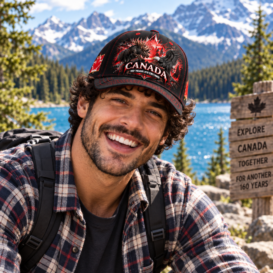Man wearing black Canada 160th Anniversary cap