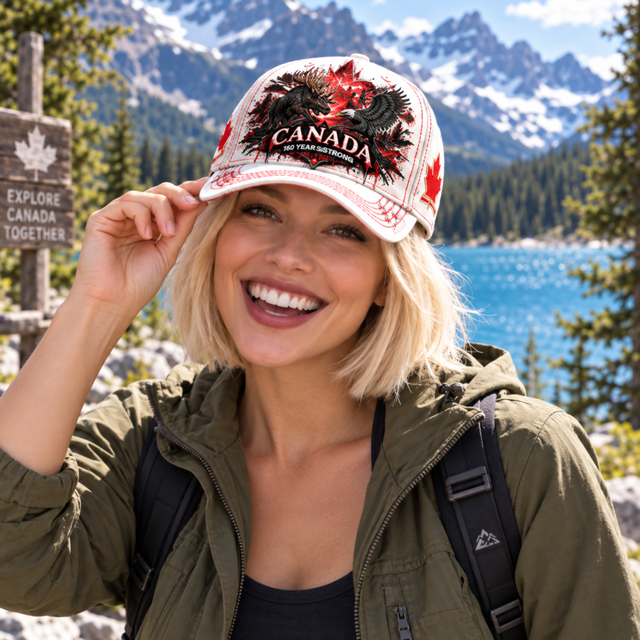 Woman wearing white Canada 160th Anniversary cap
