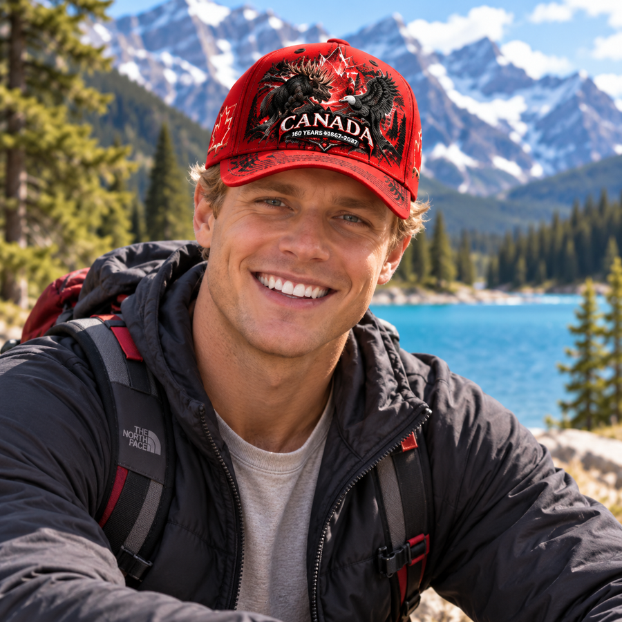 Man wearing red Canada 160th Anniversary cap