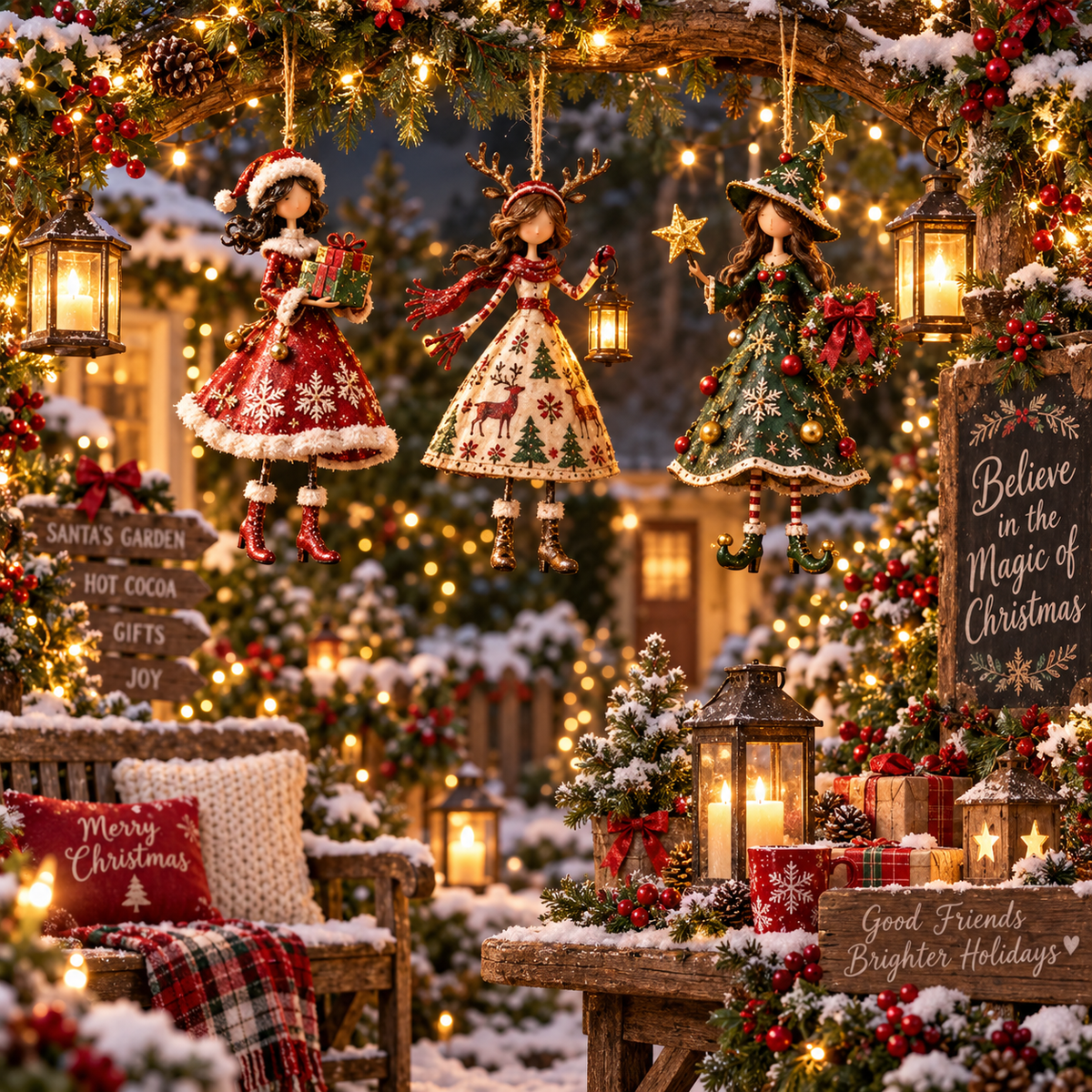 Christmas Lady ornaments displayed in a festive winter garden
