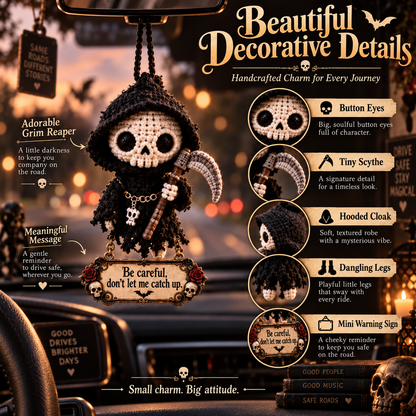 Grim Reaper Drive Car Hanging Charm – “Don’t Let Me Catch Up” Rearview Mirror Ornament