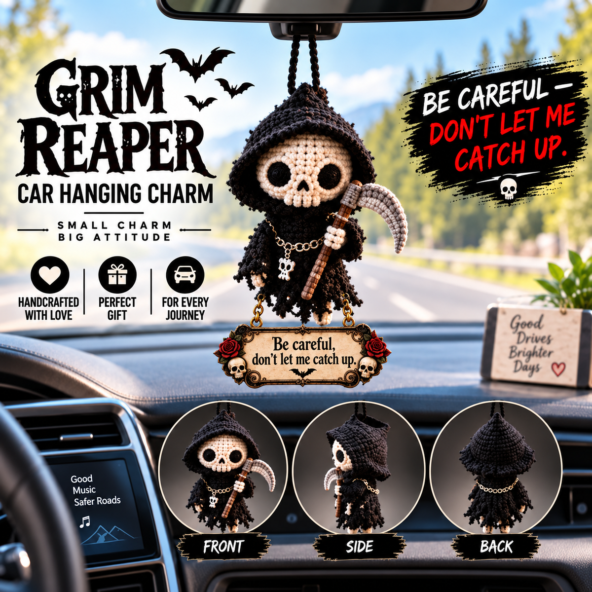 Grim Reaper Drive Car Hanging Charm – “Don’t Let Me Catch Up” Rearview Mirror Ornament