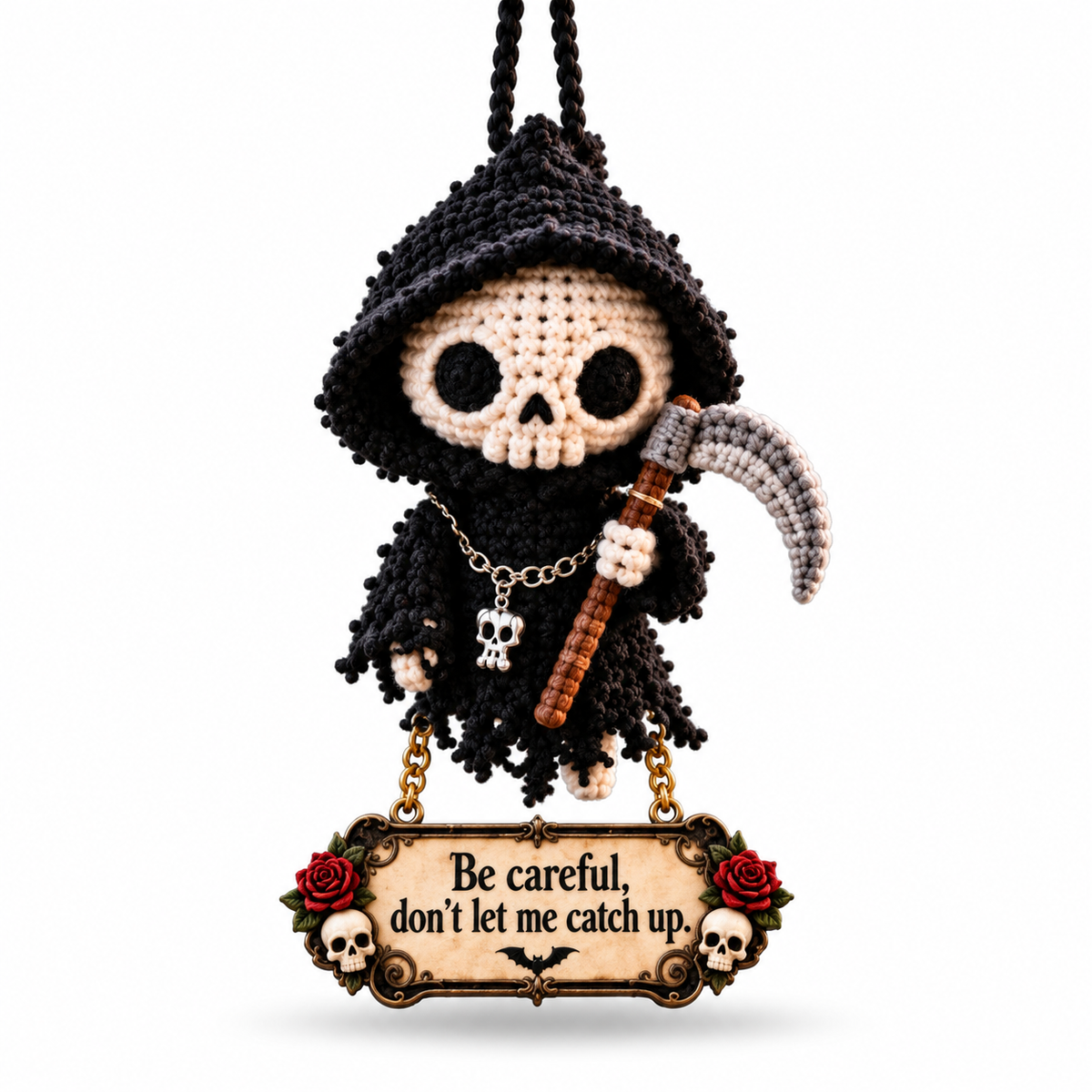 Grim Reaper Drive Car Hanging Charm – “Don’t Let Me Catch Up” Rearview Mirror Ornament