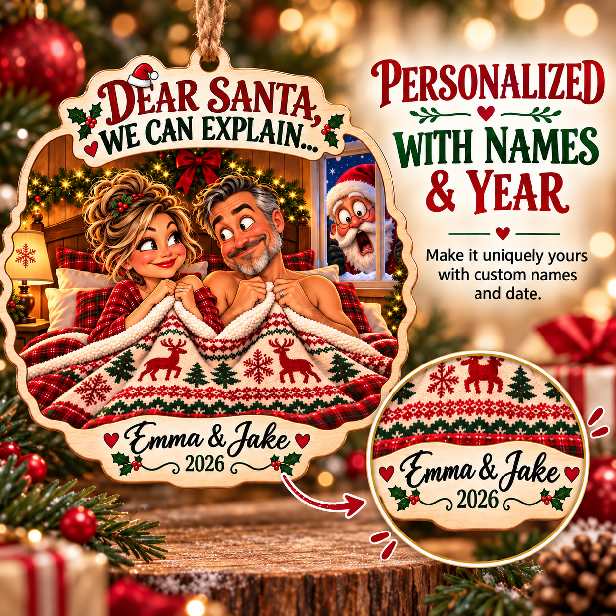 Personalized Christmas ornament with custom couple names and year