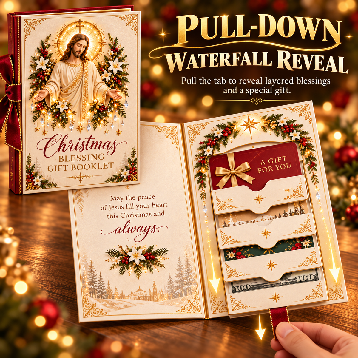 🎁 Blessings Unfold™ – Pull & Reveal Christmas Gift Card Book