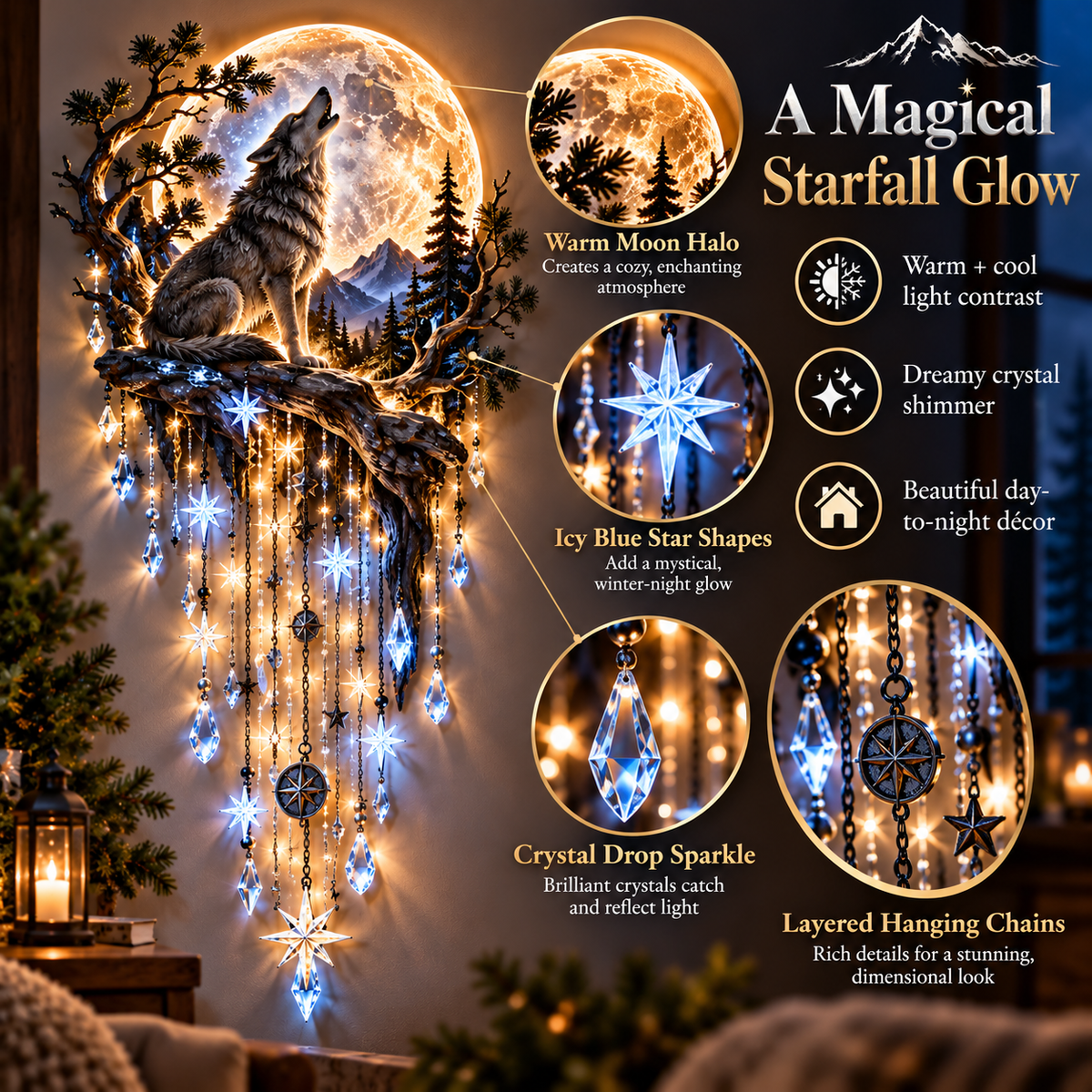 🐺🌕 Wolf Howling Moon Starfall Wall Light – Bring the Wild Home