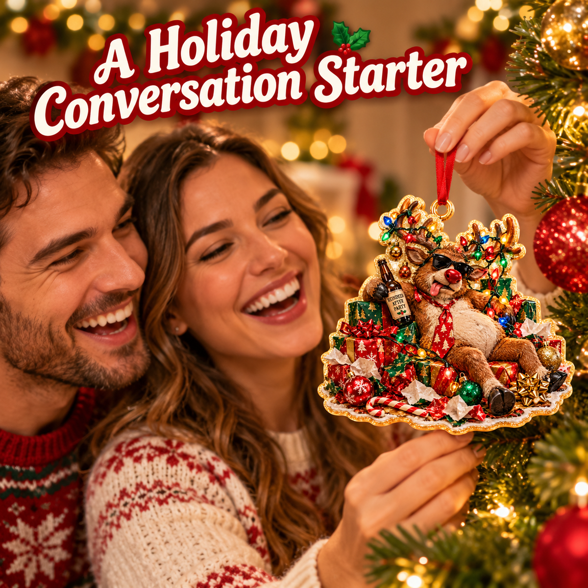 Couple laughing at funny Christmas ornament