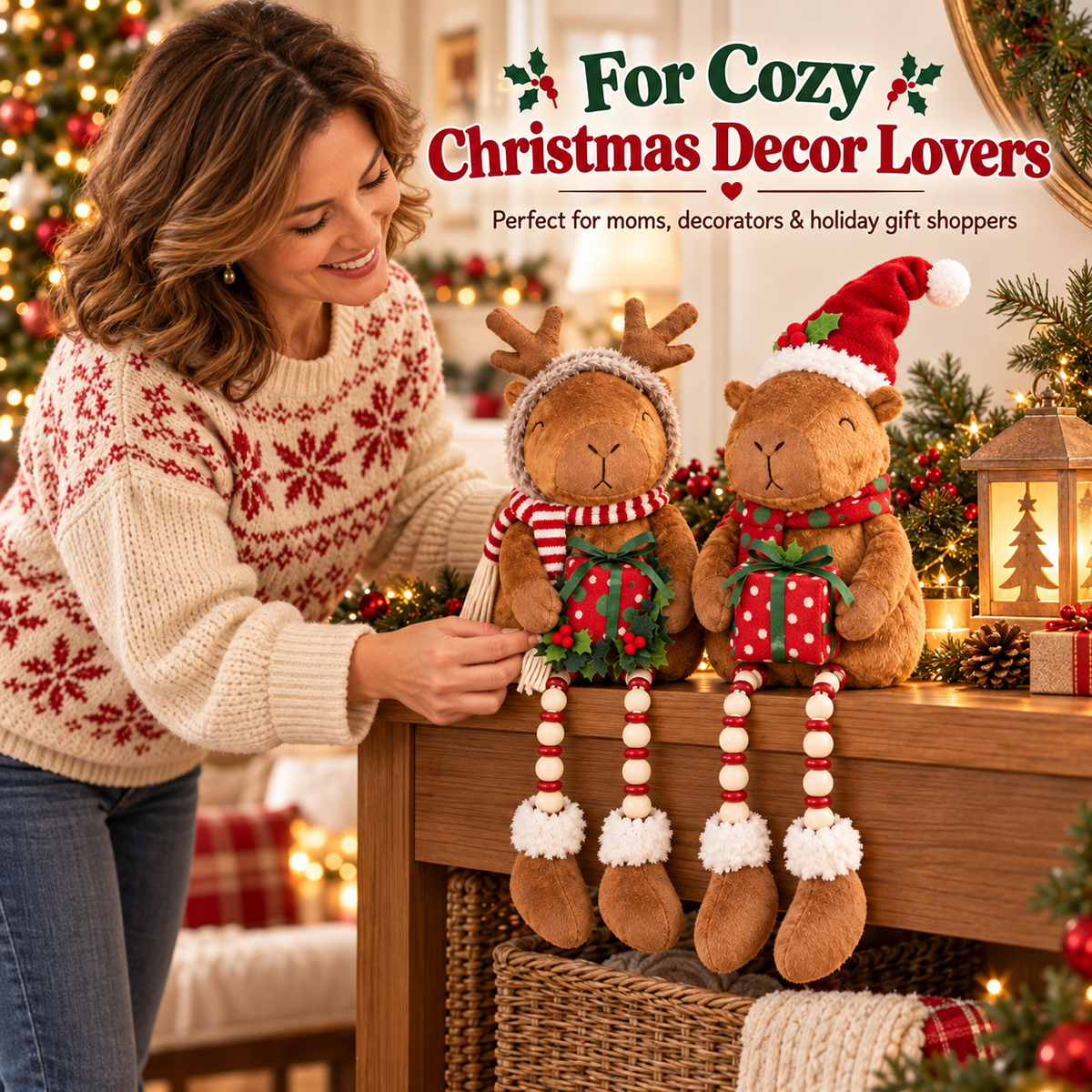 🎄 Christmas Capybara Couple™ – Cute Dangling Legs Plush Shelf Sitters | Cozy Holiday Decorations & Christmas Gifts 🎁
