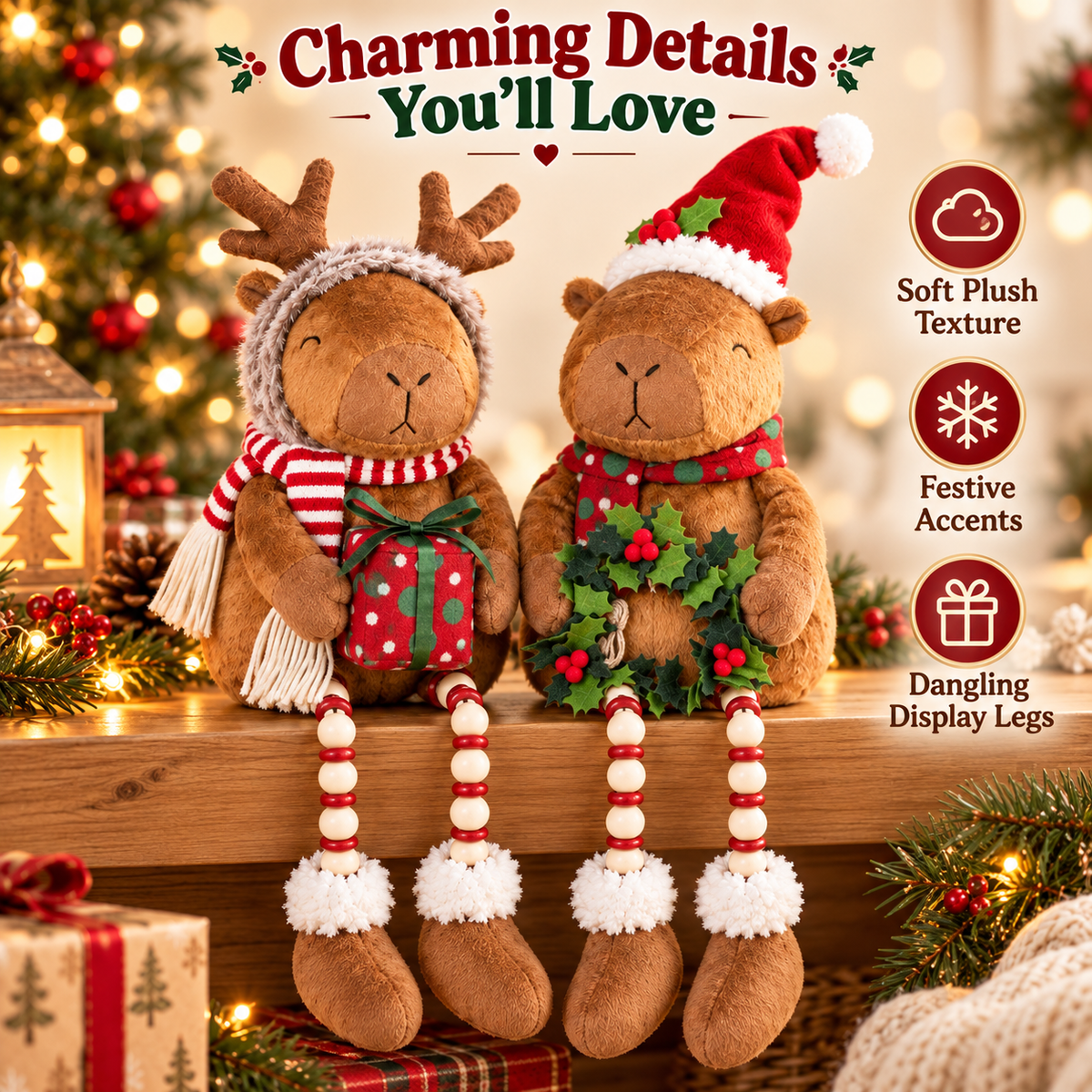 Close detail view of Christmas capybara plush texture, holiday scarves, accessories and dangling beaded legs