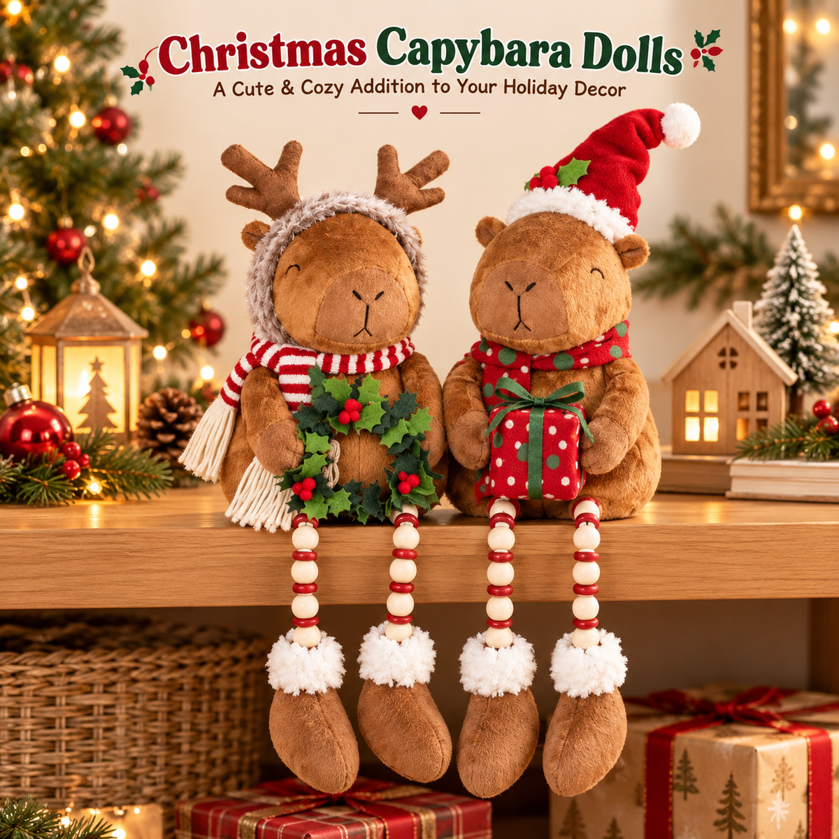 🎄 Christmas Capybara Couple™ – Cute Dangling Legs Plush Shelf Sitters | Cozy Holiday Decorations & Christmas Gifts 🎁
