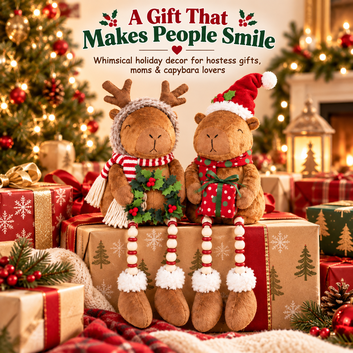 Christmas capybara plush shelf sitter couple styled with beautifully wrapped holiday gifts and seasonal decorations