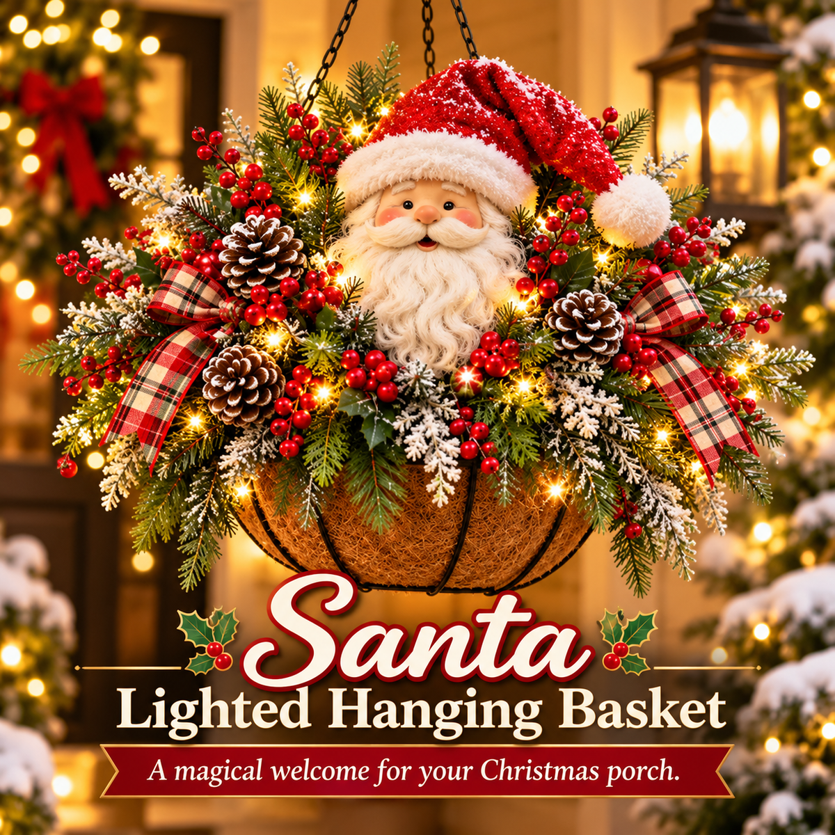 🔥 LIMITED-TIME 50% OFF 🎄 Pre-Lit Christmas Hanging Basket – Lighted Santa & Snowman Porch Decorations