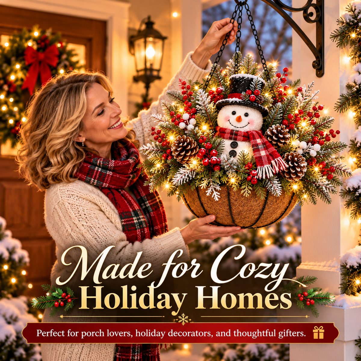 🔥 LIMITED-TIME 50% OFF 🎄 Pre-Lit Christmas Hanging Basket – Lighted Santa & Snowman Porch Decorations