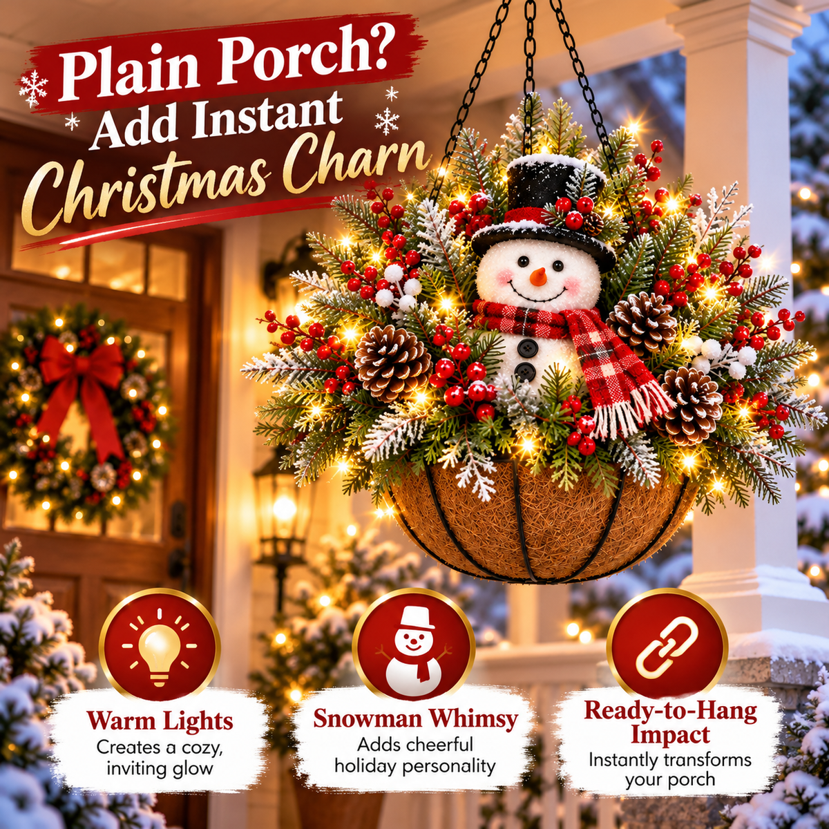 🔥 LIMITED-TIME 50% OFF 🎄 Pre-Lit Christmas Hanging Basket – Lighted Santa & Snowman Porch Decorations