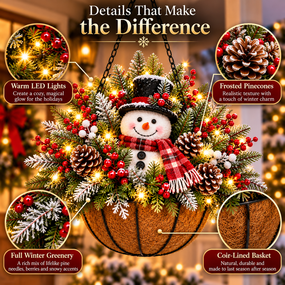 🔥 LIMITED-TIME 50% OFF 🎄 Pre-Lit Christmas Hanging Basket – Lighted Santa & Snowman Porch Decorations