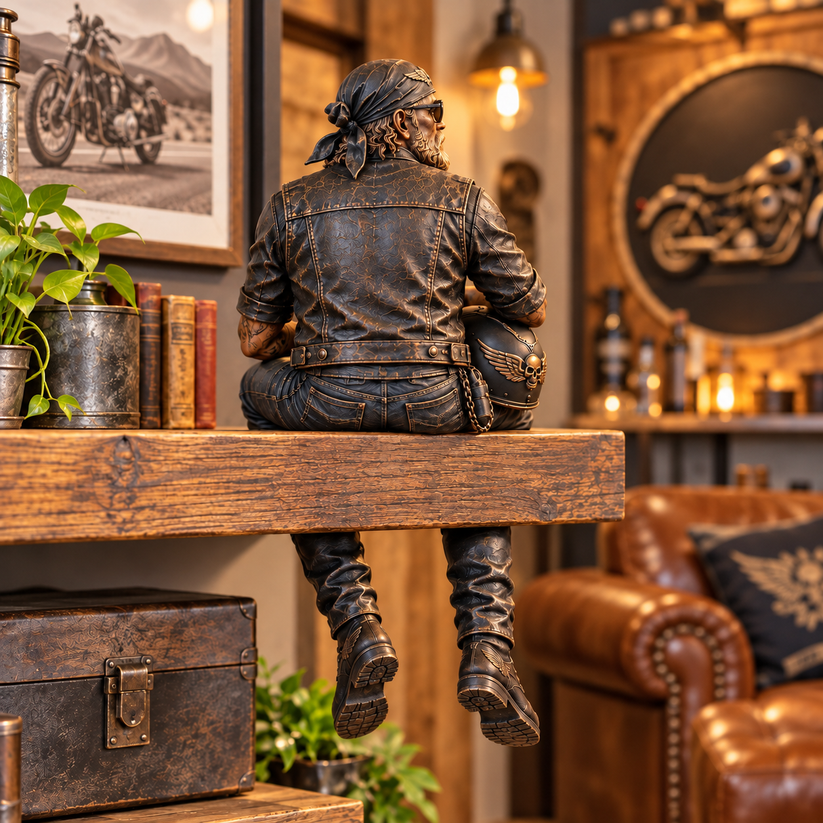 Biker figurine garage shelf display
