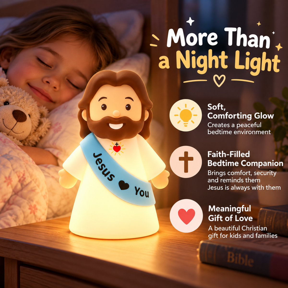 ❤️ Jesus Loves You™ Night Light – Cute Glowing Jesus Lamp | Christian Bedside Decor & Meaningful Faith Gift ✝️