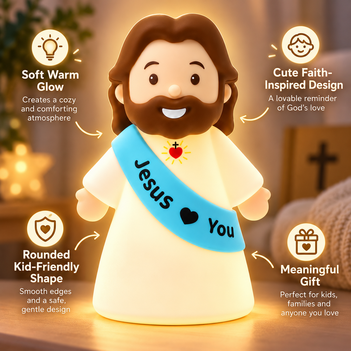 ❤️ Jesus Loves You™ Night Light – Cute Glowing Jesus Lamp | Christian Bedside Decor & Meaningful Faith Gift ✝️