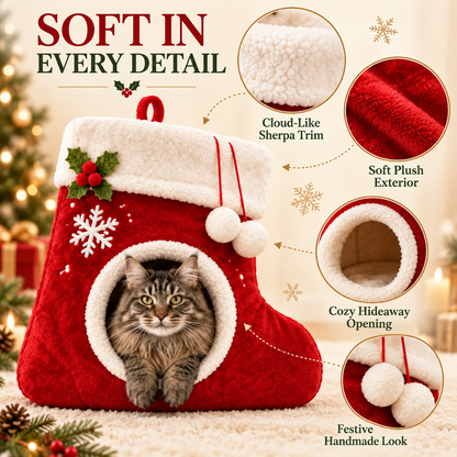 🎄 Christmas Stocking Cat Bed – Ultra-Soft Sherpa Cozy Hideaway for Cats 🐱