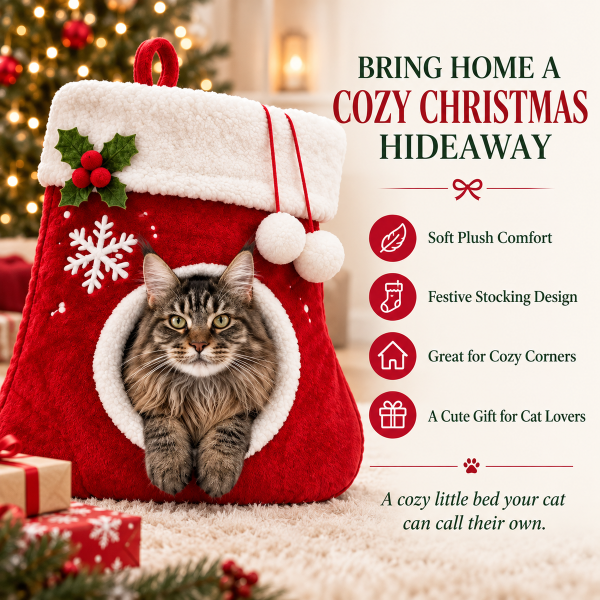 🎄 Christmas Stocking Cat Bed – Ultra-Soft Sherpa Cozy Hideaway for Cats 🐱