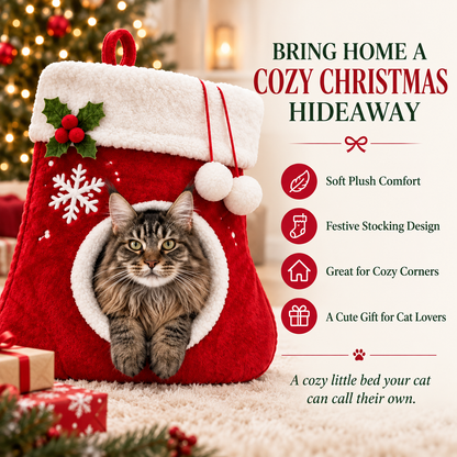 🎄 Christmas Stocking Cat Bed – Ultra-Soft Sherpa Cozy Hideaway for Cats 🐱