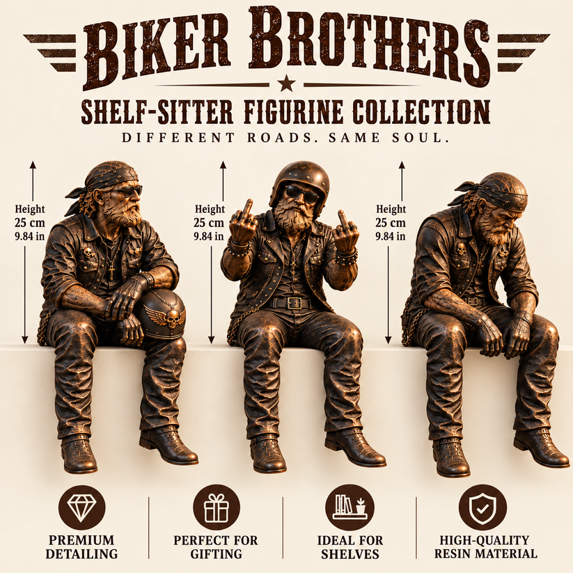 Old biker soul figurine displayed in motorcycle themed room