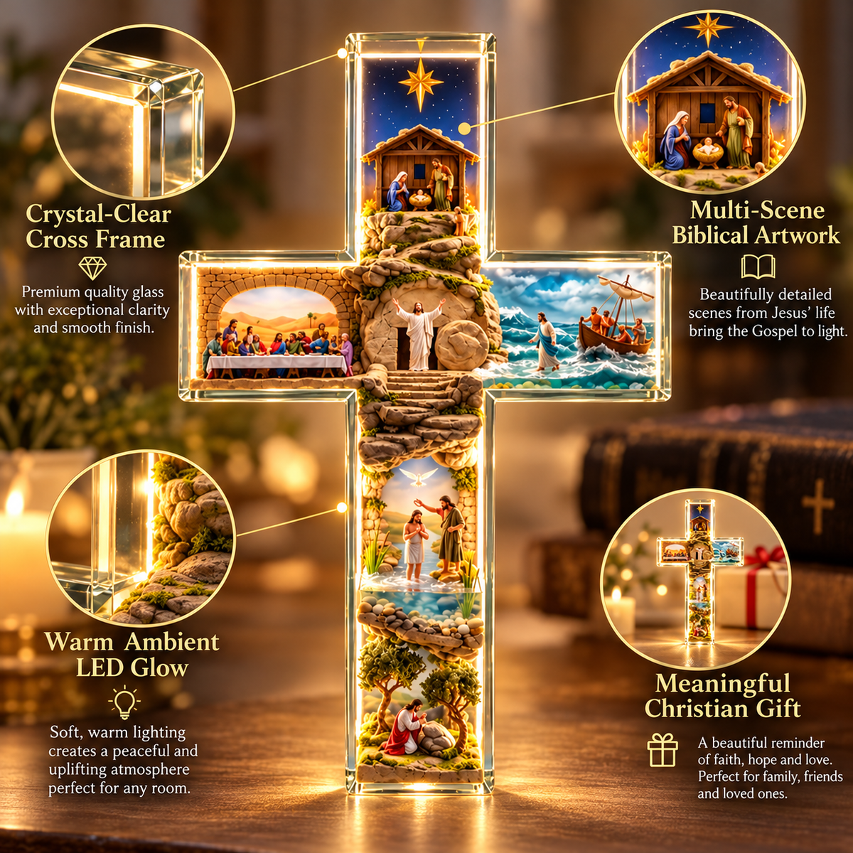 Close-up of illuminated Biblical scenes