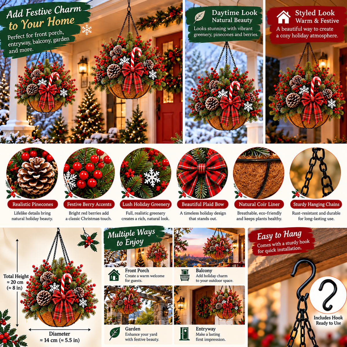 Pre-lit Christmas hanging basket features