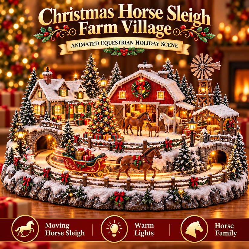 Christmas Horse Sleigh Farm Village Animated Holiday Scene