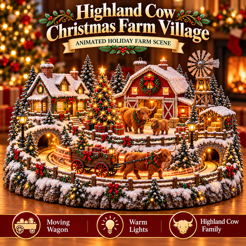 🐮 Highland Cow Christmas Farm Village – Animated Holiday Scene