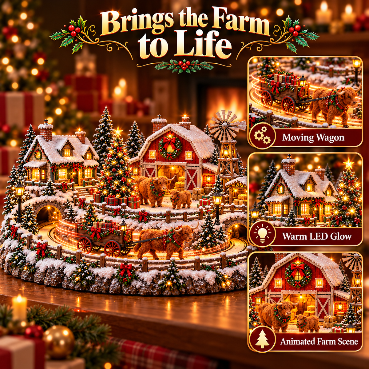 🐮 Highland Cow Christmas Farm Village – Animated Holiday Scene