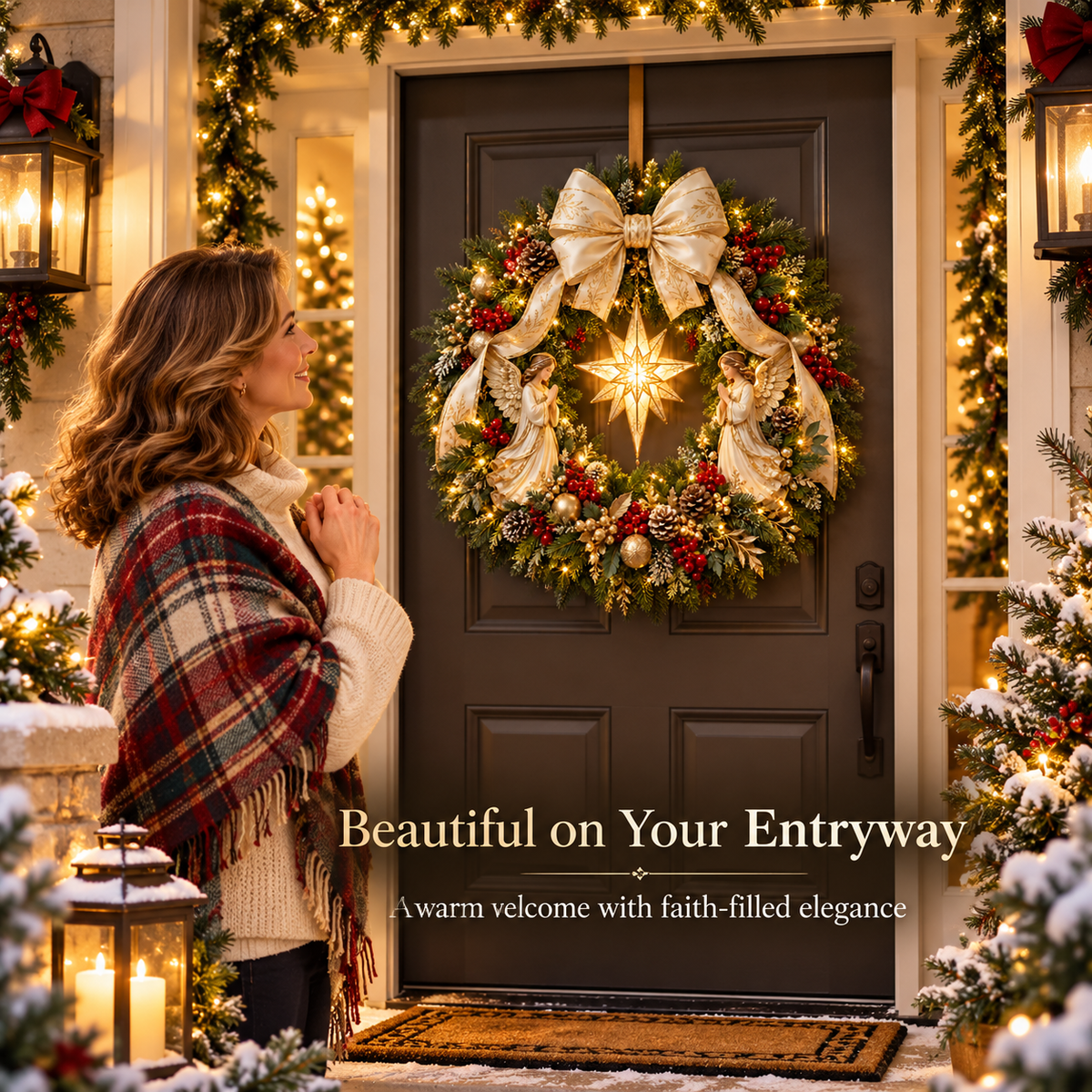 ✨ Lighted Christmas Wreath Collection – Guardian Angel & Highland Cow Holiday Door Décor