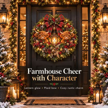 ✨ Lighted Christmas Wreath Collection – Guardian Angel & Highland Cow Holiday Door Décor