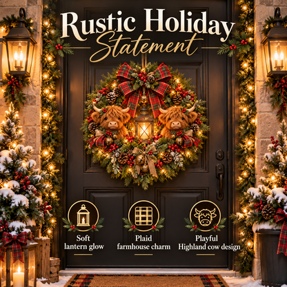 ✨ Lighted Christmas Wreath Collection – Guardian Angel & Highland Cow Holiday Door Décor