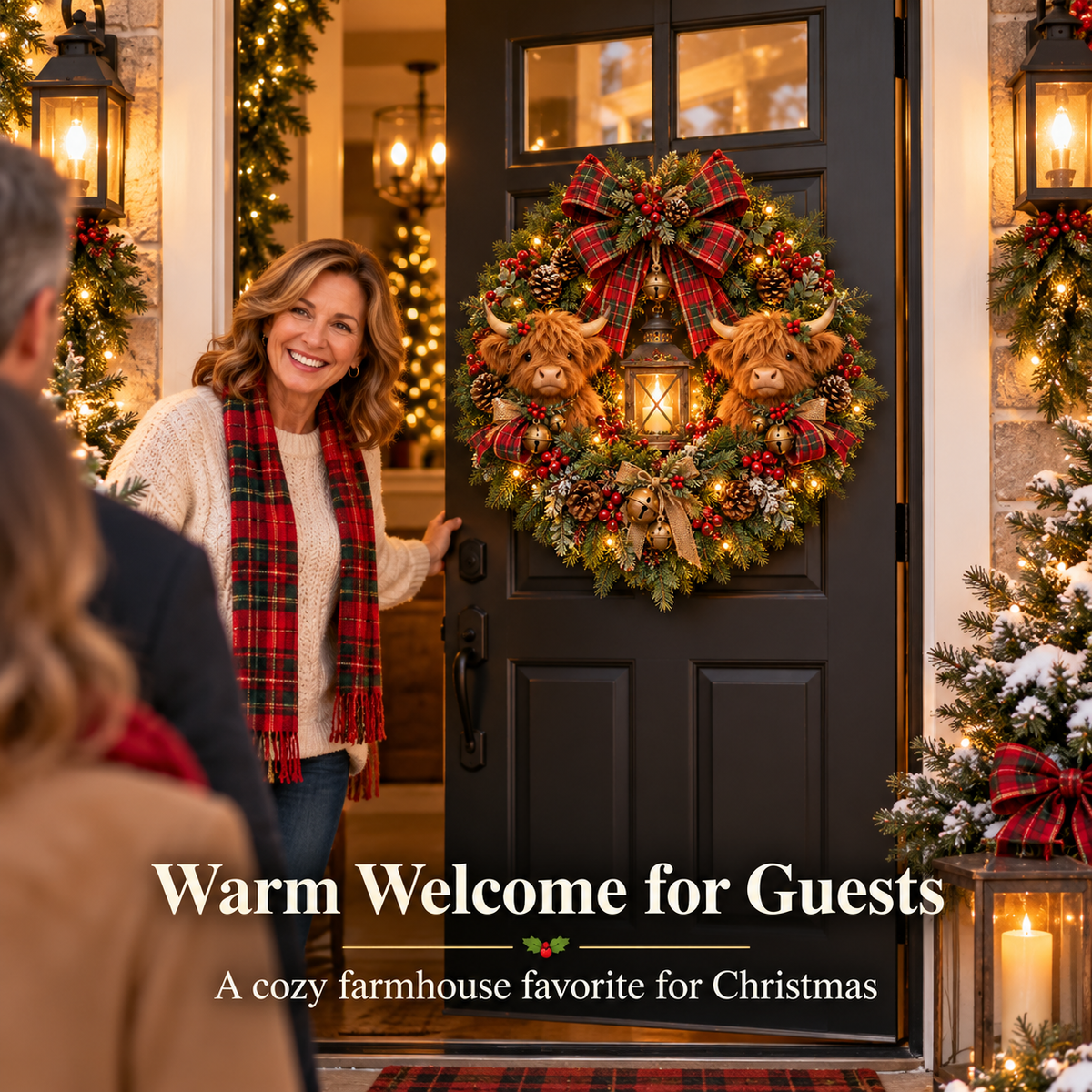 ✨ Lighted Christmas Wreath Collection – Guardian Angel & Highland Cow Holiday Door Décor
