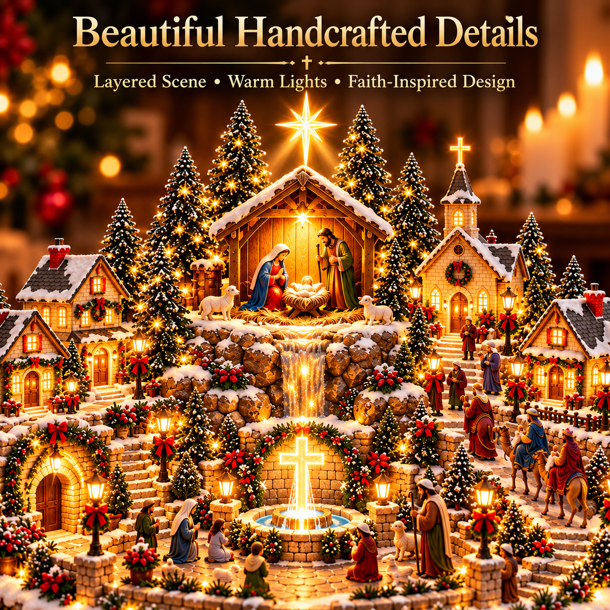 🙏 LAST DAY 50% OFF | Bethlehem Faith Village™ – Lighted Nativity Christmas Centerpiece with Holy Family, Bethlehem Star & Christian Village Scene ✨