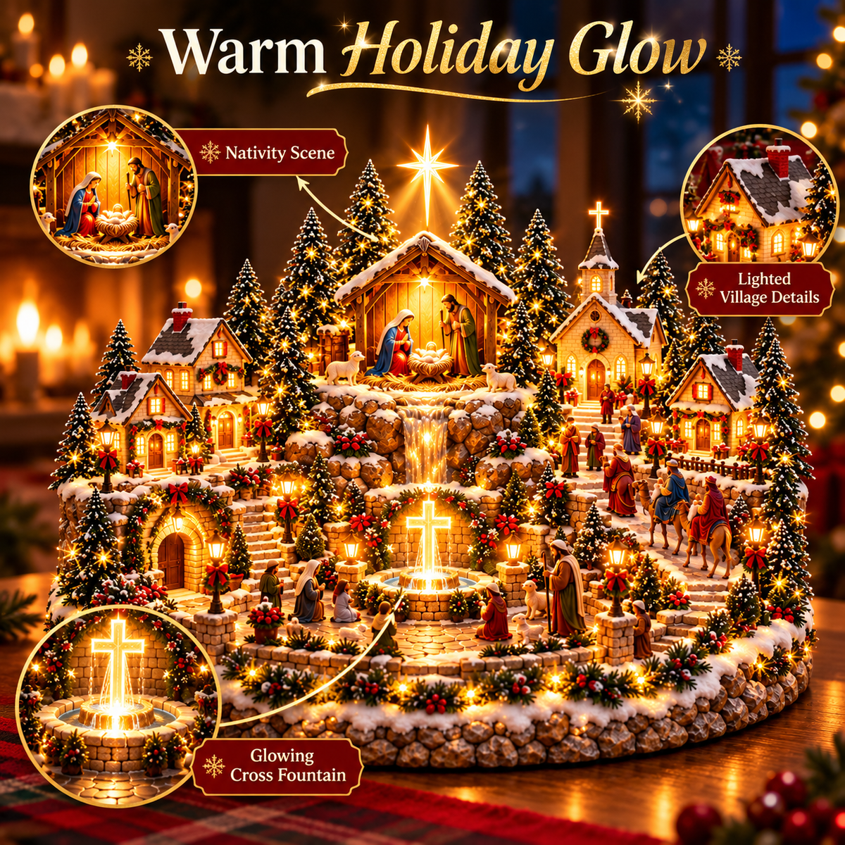 Warm glowing Nativity Christmas village detail