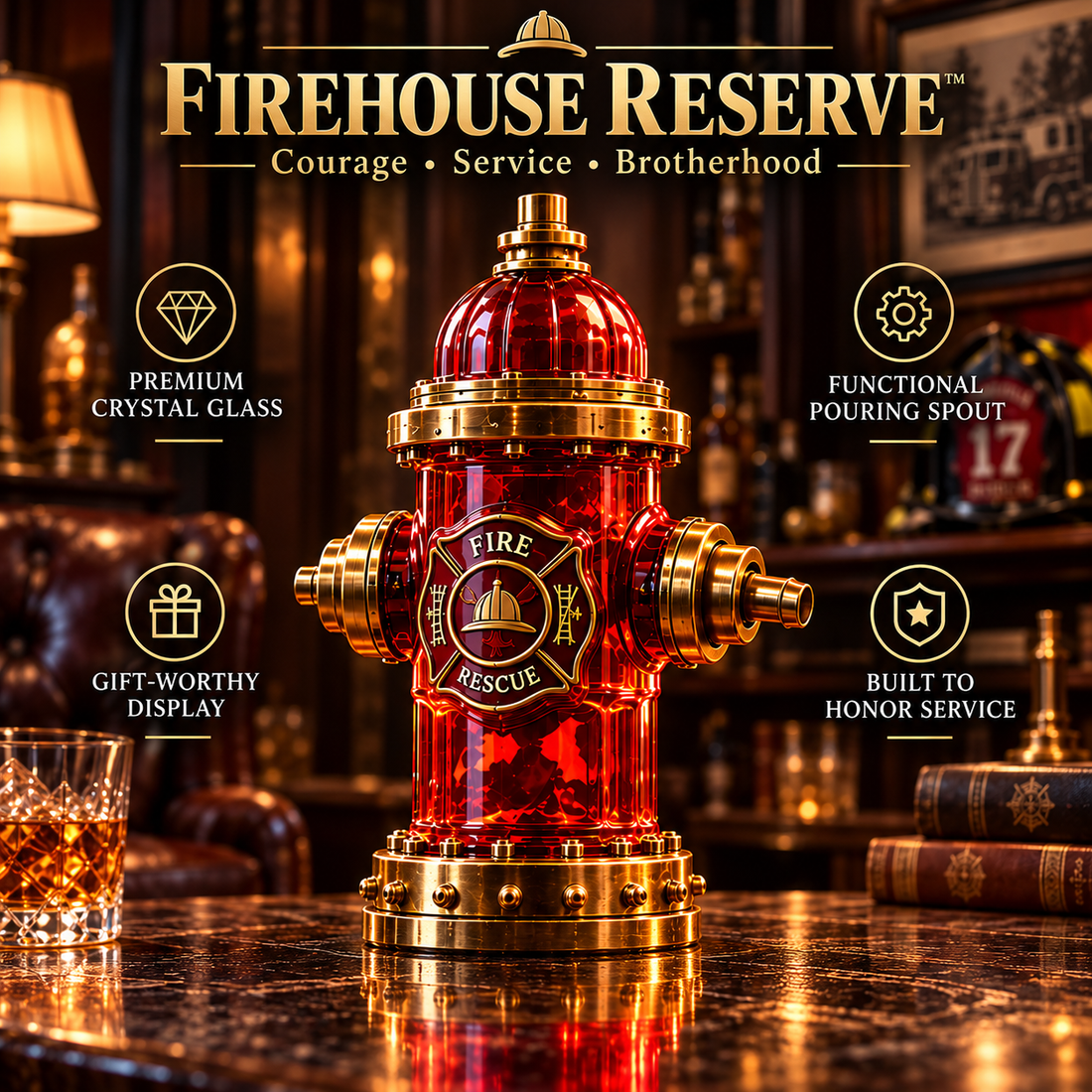 Firehouse Reserve firefighter tribute decanter in red fire hydrant design with gold-tone details